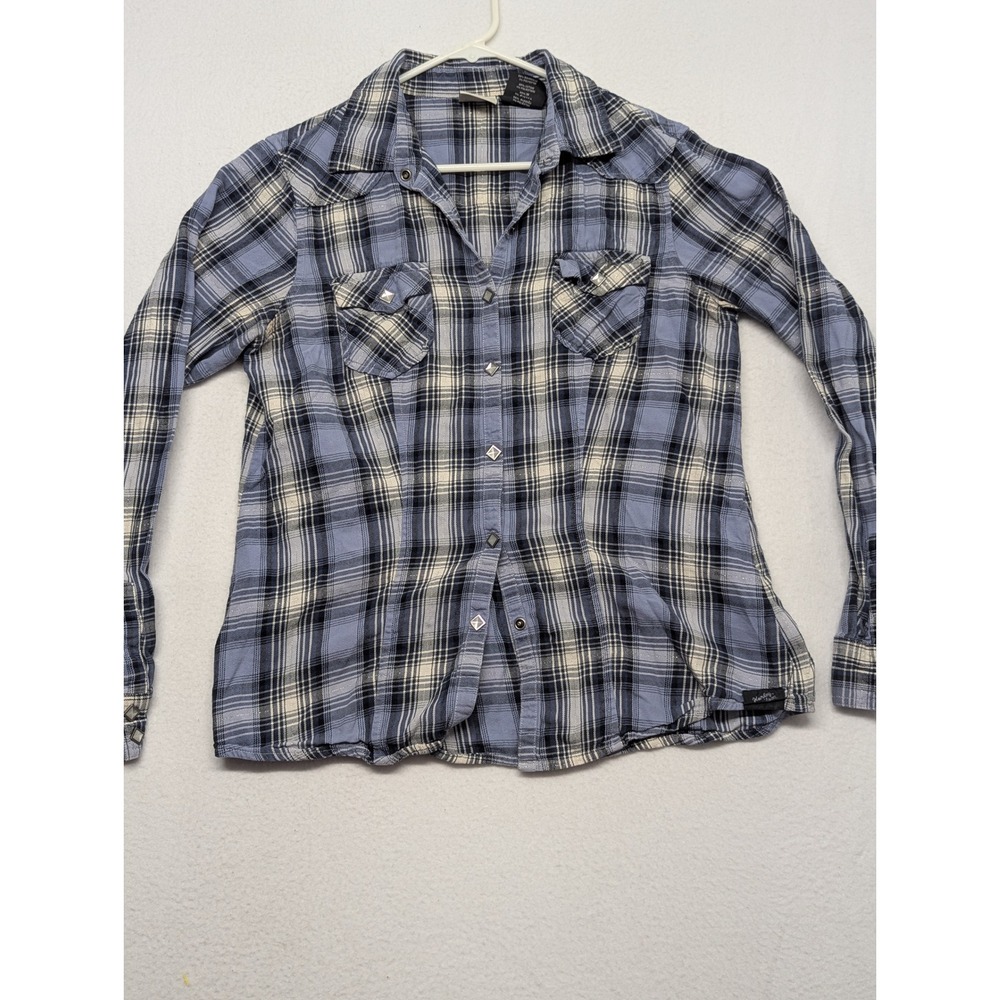 Harley-Davidson Womens Blue Plaid Western Snap Long Sleeve Shirt Embroidered L